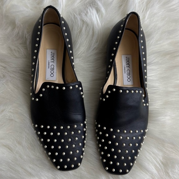 Jimmy Choo Shoes - Jimmy Choo Jaida Flat Black Leather white pearl detail loafers